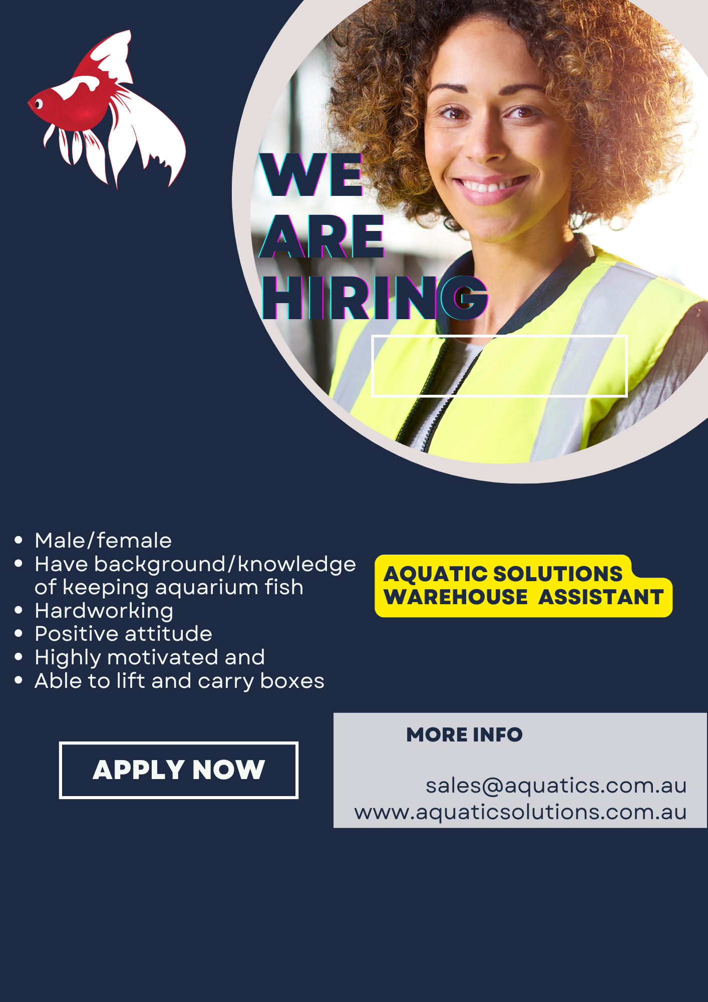 WE ARE HIRING - WAREHOUSE ASSISTANT AQUATIC SOLUTIONS
